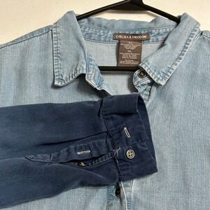 Chelsea & Theodore XL Blue‎ Ombre Tencel Lyocell Button Up Shirt Roll Tab Sleeve
